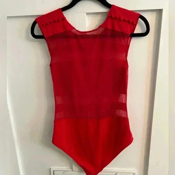 Suki Cohen Red Sheer panel Bodysuit swimsuit size Large - Picture 2 of 8